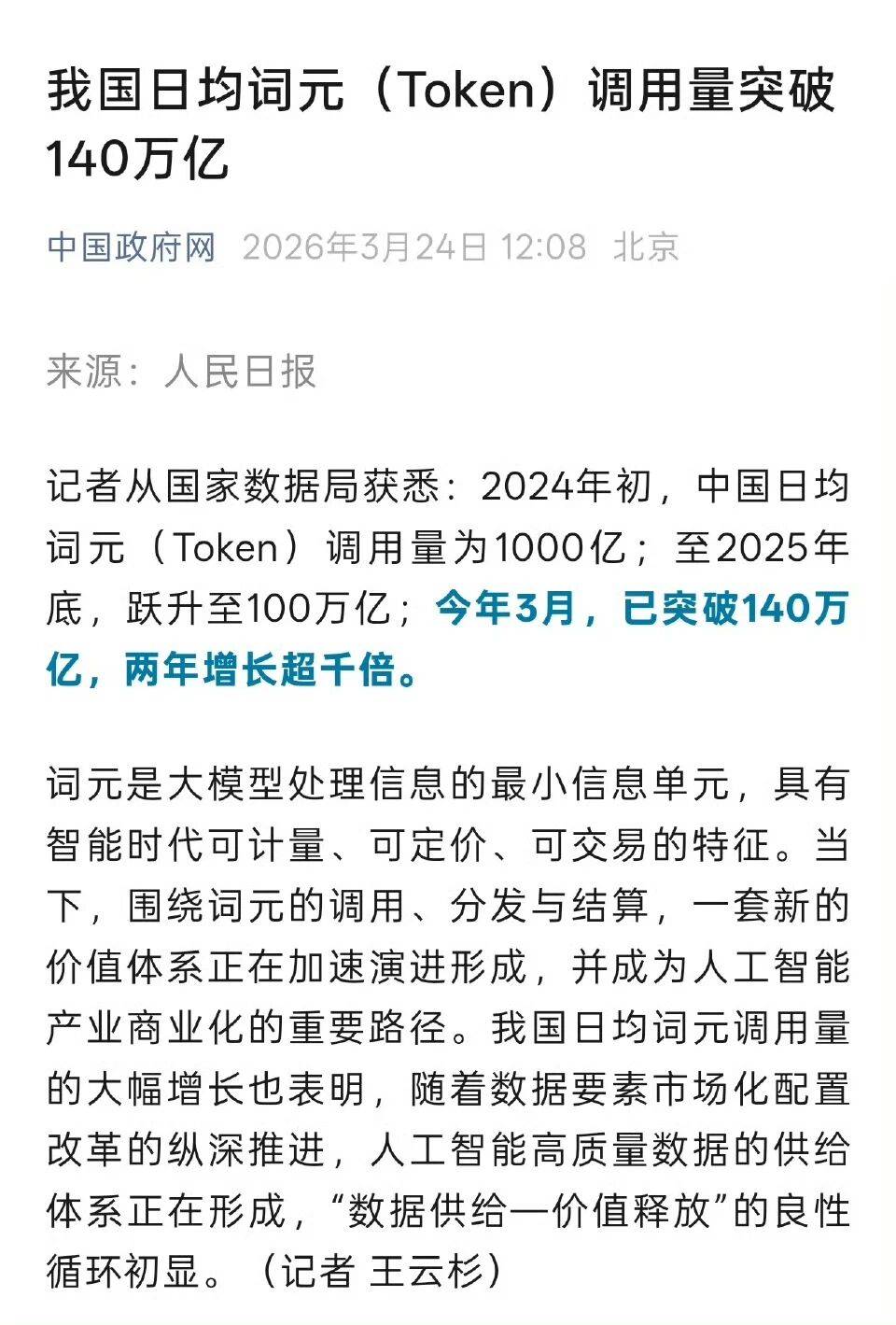 日均Token调用量达140万亿